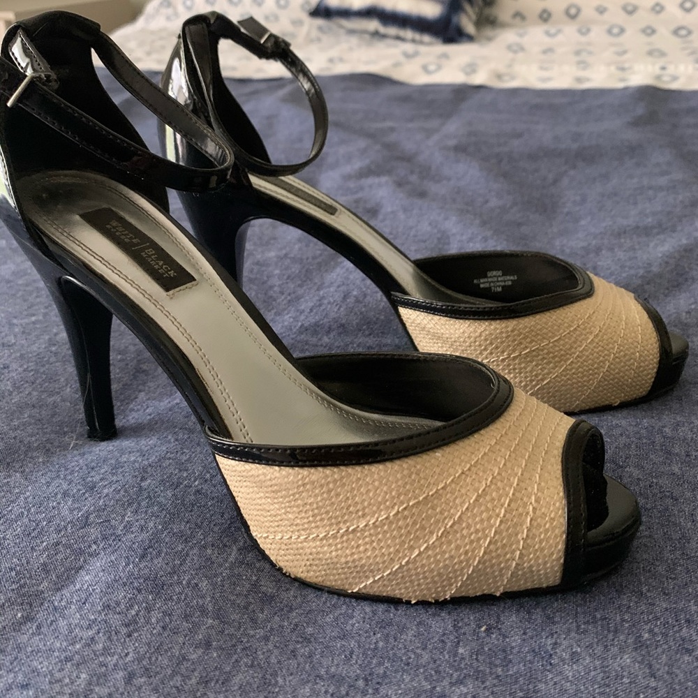 WHBM Black Patent Leather & Straw Peeptoe Heel